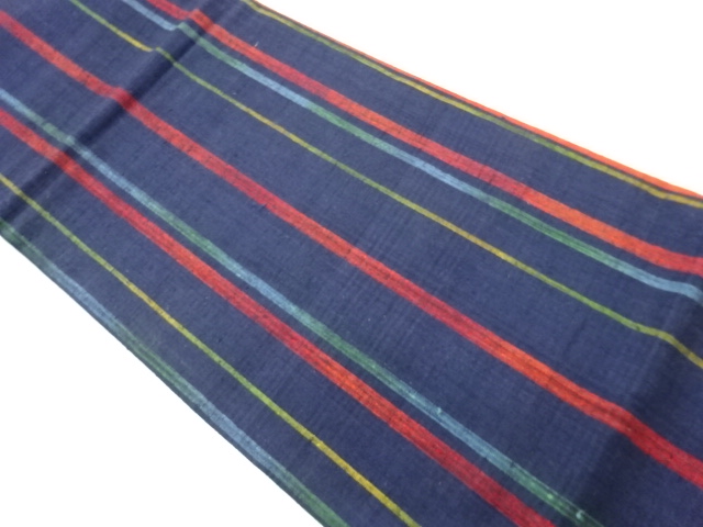 手織り紬縞模様織出し全通袋帯